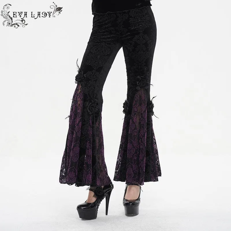 Damen-Gothic-Leggings mit Blumenprägung, Splice und ausgestellter Spitze