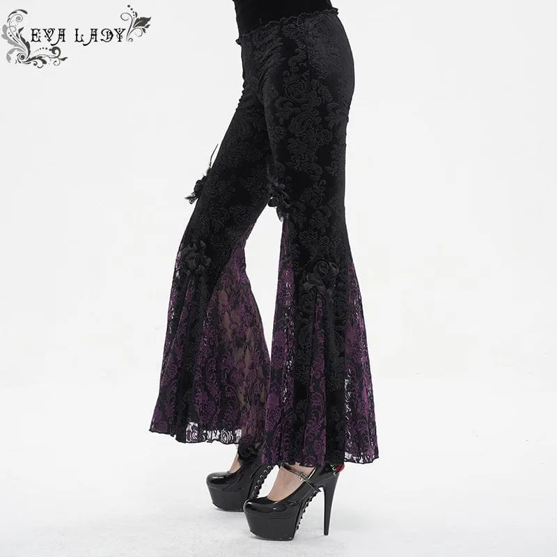 Damen-Gothic-Leggings mit Blumenprägung, Splice und ausgestellter Spitze