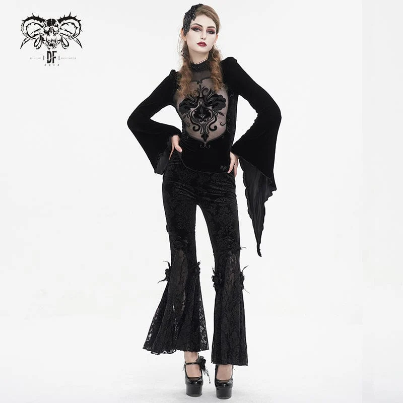 Damen-Gothic-Leggings mit Blumenprägung, Splice und ausgestellter Spitze