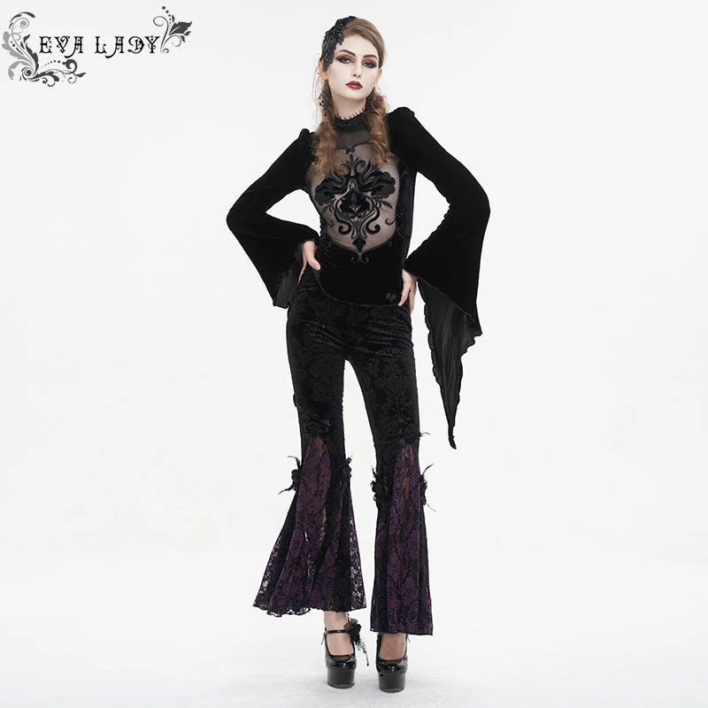 Damen-Gothic-Leggings mit Blumenprägung, Splice und ausgestellter Spitze
