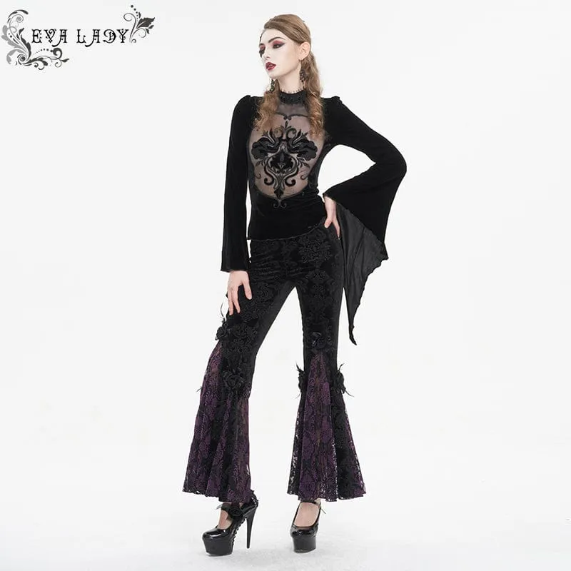 Damen-Gothic-Leggings mit Blumenprägung, Splice und ausgestellter Spitze