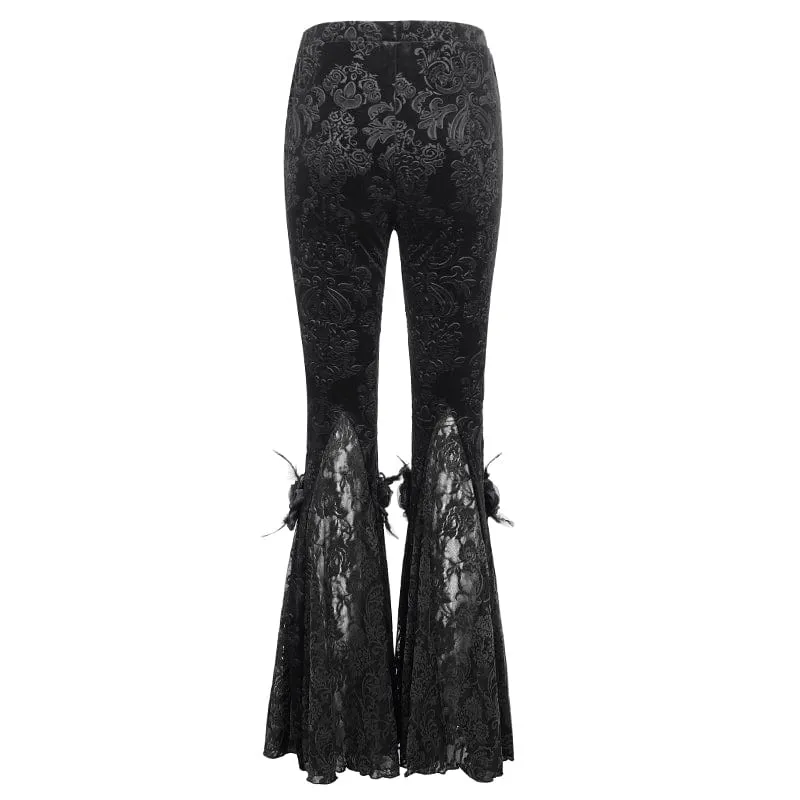 Damen-Gothic-Leggings mit Blumenprägung, Splice und ausgestellter Spitze