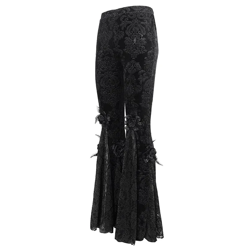 Damen-Gothic-Leggings mit Blumenprägung, Splice und ausgestellter Spitze