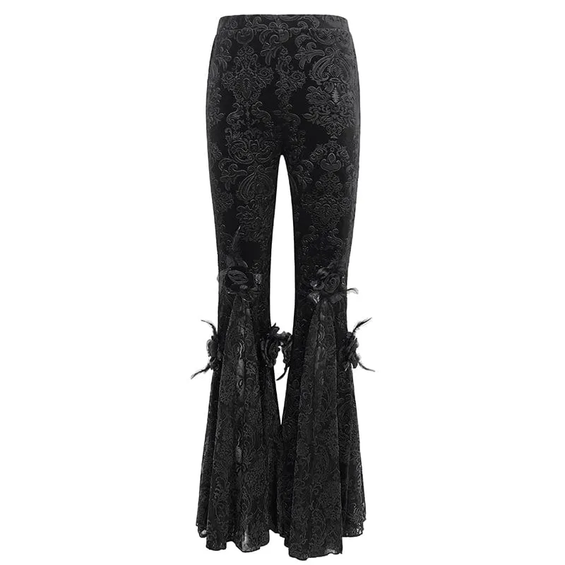 Damen-Gothic-Leggings mit Blumenprägung, Splice und ausgestellter Spitze