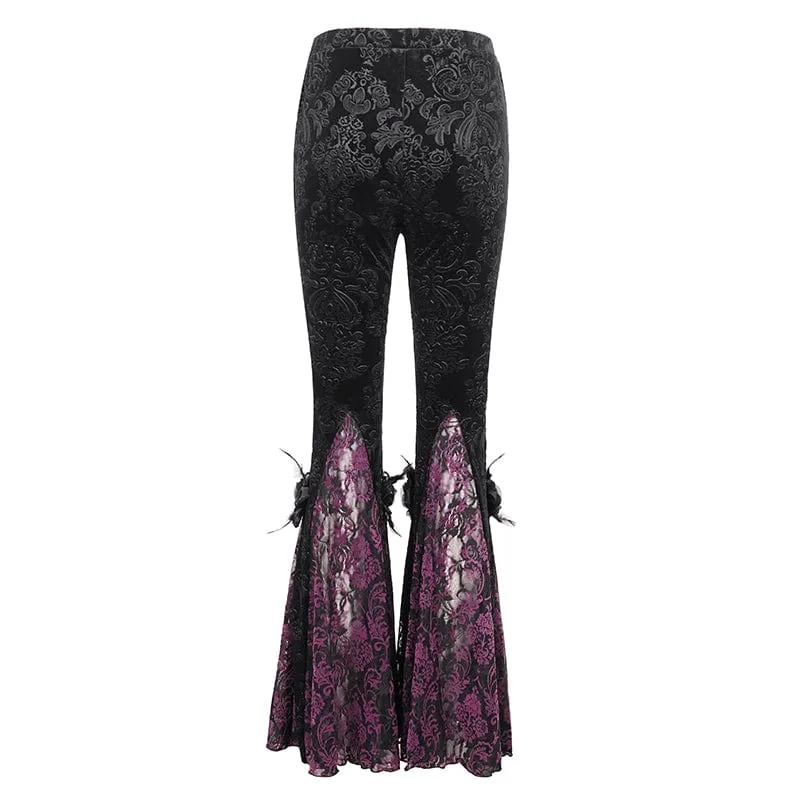 Damen-Gothic-Leggings mit Blumenprägung, Splice und ausgestellter Spitze