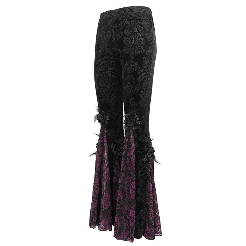 Damen-Gothic-Leggings mit Blumenprägung, Splice und ausgestellter Spitze