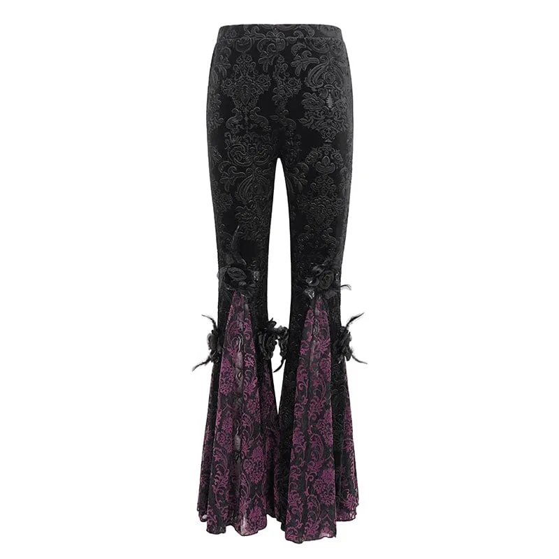 Damen-Gothic-Leggings mit Blumenprägung, Splice und ausgestellter Spitze