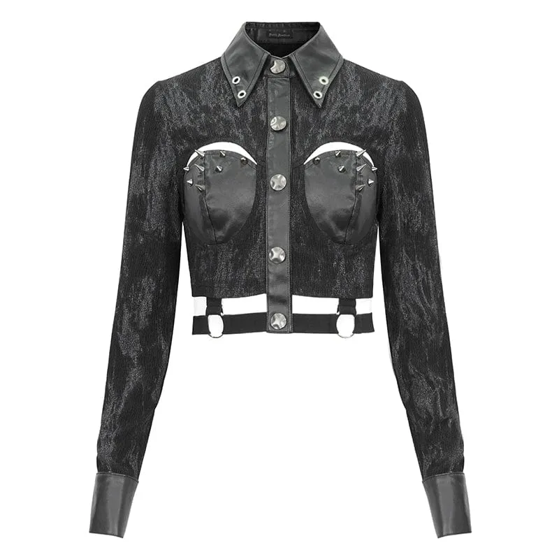 Punk-Crop-Top mit Umlegekragen und Cutout und Nieten für Damen