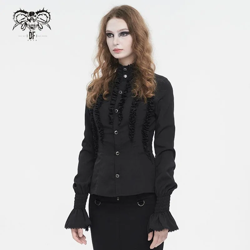 Damen Gothic-Hemd mit Stehkragen und Rüschen, Schwarz
