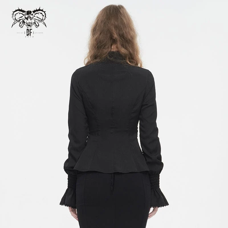 Damen Gothic-Hemd mit Stehkragen und Rüschen, Schwarz