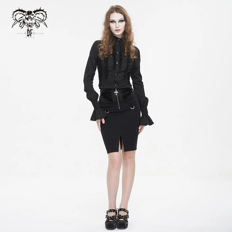 Damen Gothic-Hemd mit Stehkragen und Rüschen, Schwarz