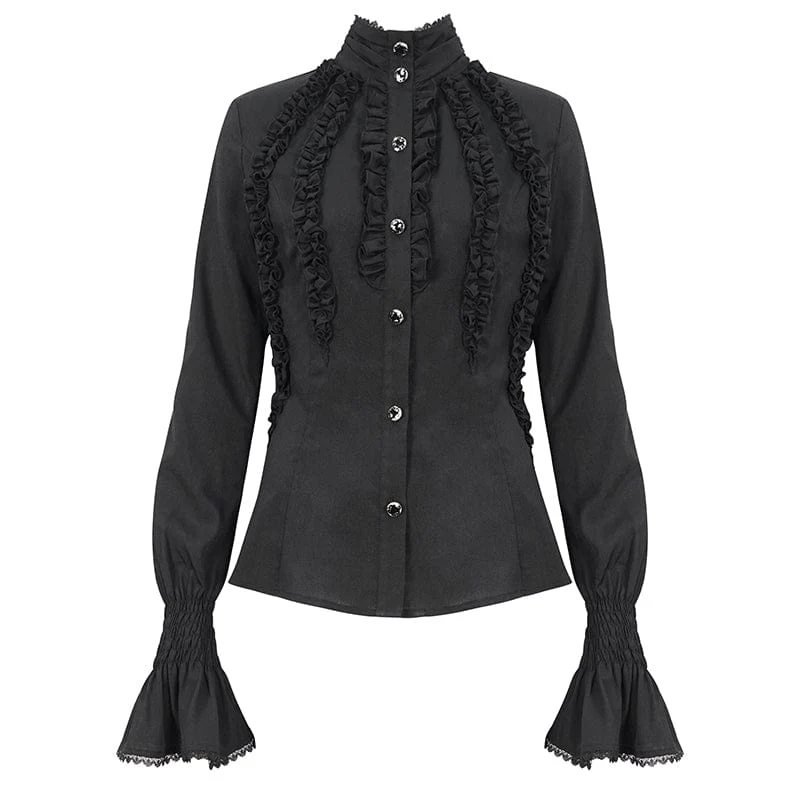 Damen Gothic-Hemd mit Stehkragen und Rüschen, Schwarz