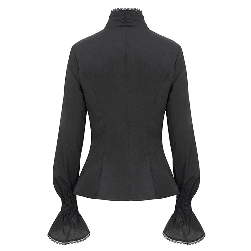 Damen Gothic-Hemd mit Stehkragen und Rüschen, Schwarz