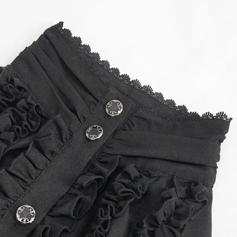 Damen Gothic-Hemd mit Stehkragen und Rüschen, Schwarz