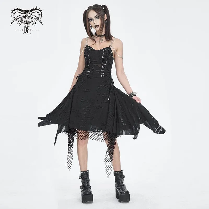 Damen-Slipkleid im Gothic-Stil mit Mesh-Nieten und gerissenem Saum