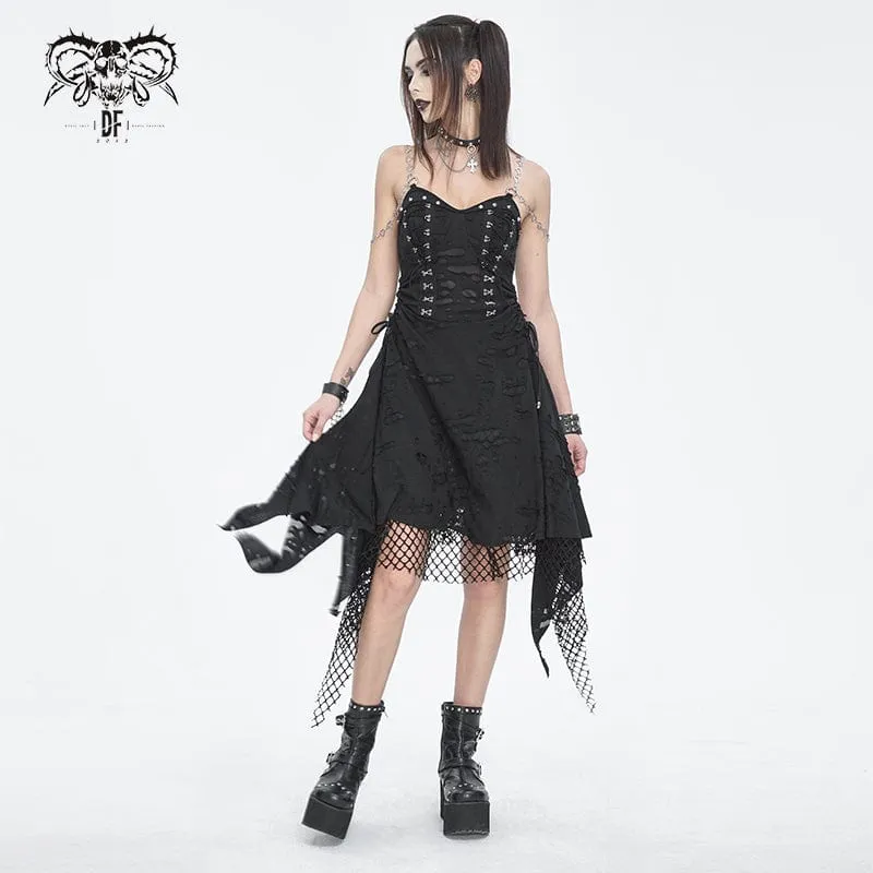 Damen-Slipkleid im Gothic-Stil mit Mesh-Nieten und gerissenem Saum