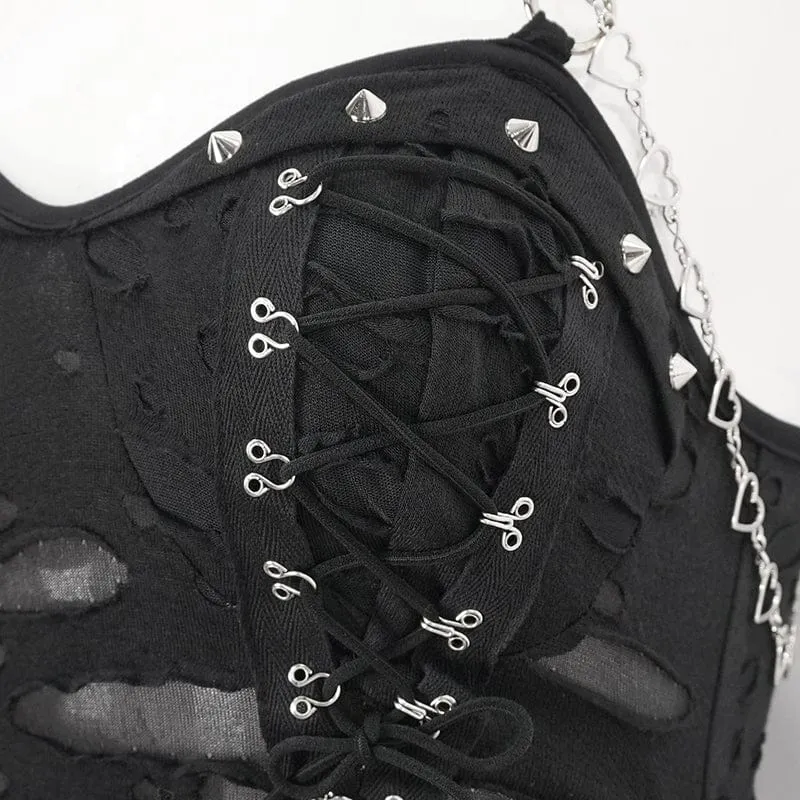 Damen-Slipkleid im Gothic-Stil mit Mesh-Nieten und gerissenem Saum