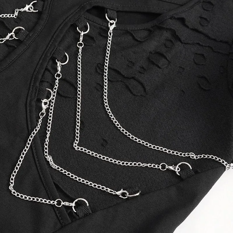Kurzärmliges Damen-T-Shirt mit Punk-Ausschnitt und zerrissener Kette