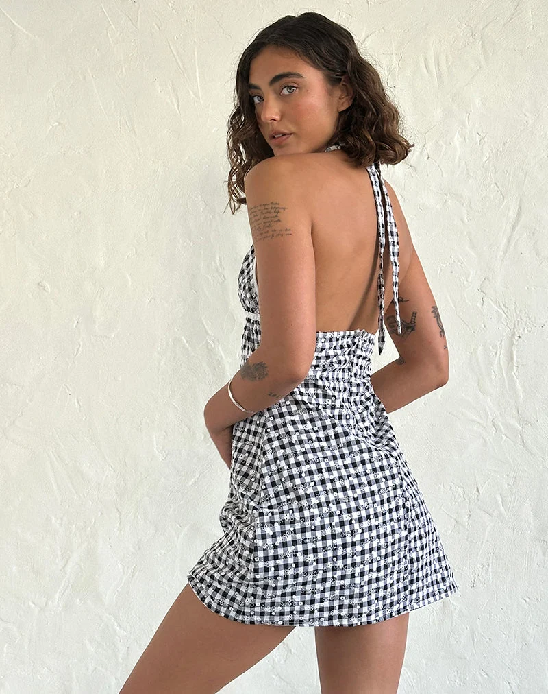 Corla Minikleid aus schwarzem Gingham mit Blumenmuster