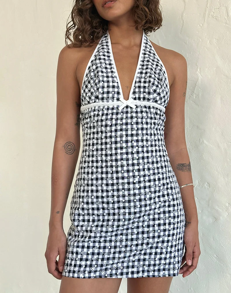 Corla Minikleid aus schwarzem Gingham mit Blumenmuster
