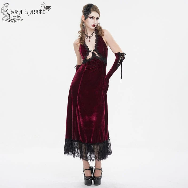 Damen-Hochzeitskleid im Gothic-Stil mit tiefem Ausschnitt und Spitzensaum in Rot