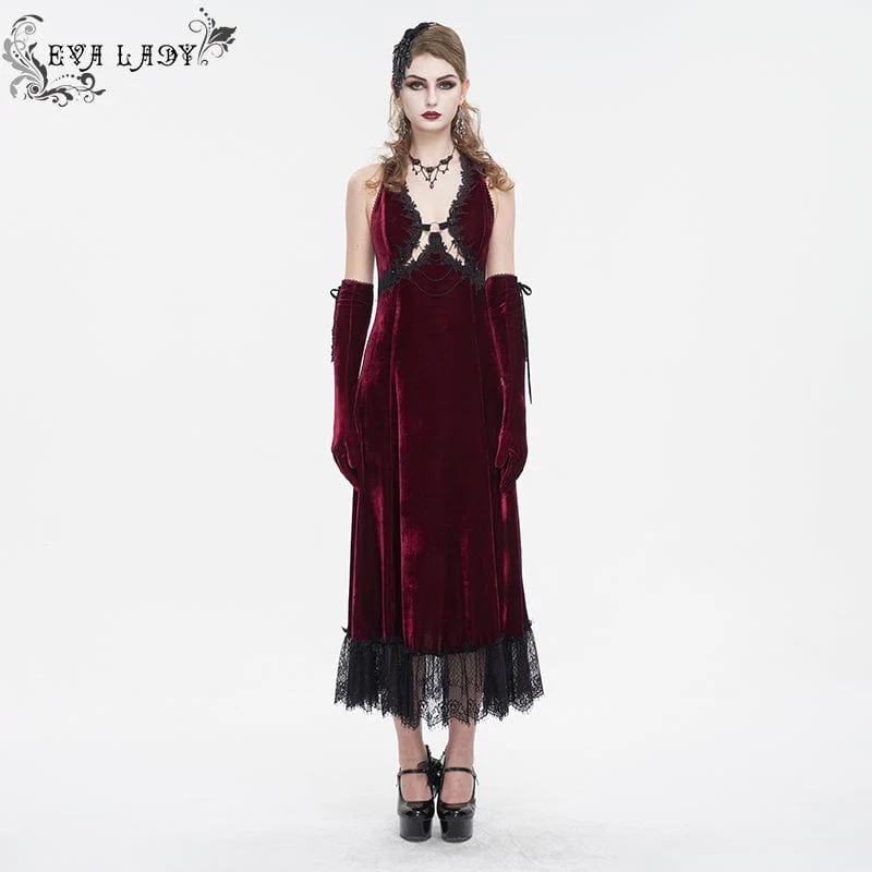 Damen-Hochzeitskleid im Gothic-Stil mit tiefem Ausschnitt und Spitzensaum in Rot