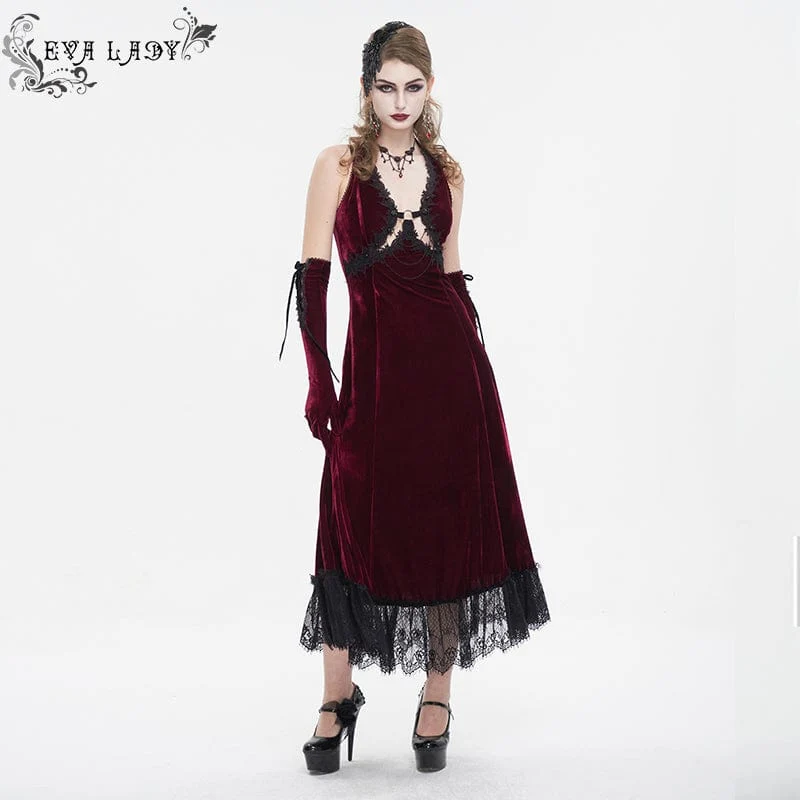 Damen-Hochzeitskleid im Gothic-Stil mit tiefem Ausschnitt und Spitzensaum in Rot