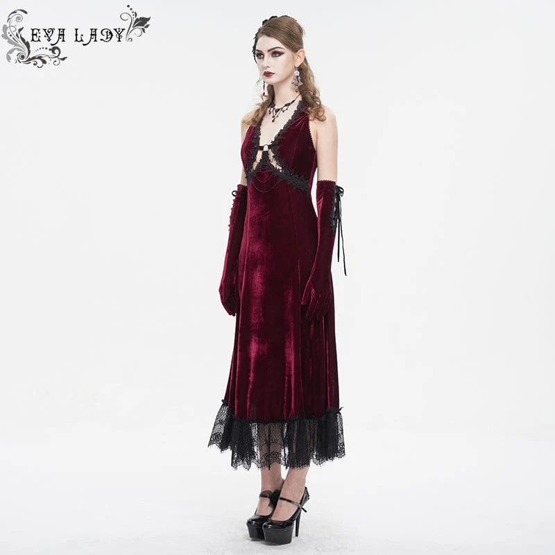 Damen-Hochzeitskleid im Gothic-Stil mit tiefem Ausschnitt und Spitzensaum in Rot