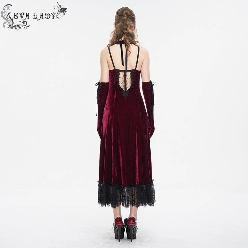 Damen-Hochzeitskleid im Gothic-Stil mit tiefem Ausschnitt und Spitzensaum in Rot
