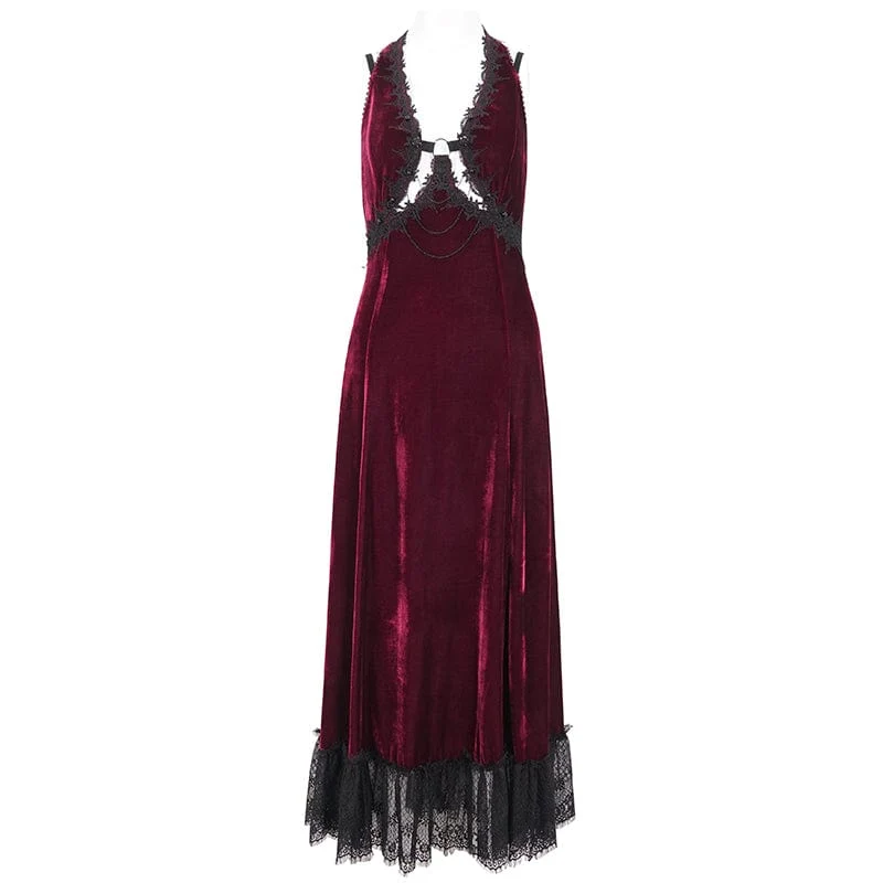 Damen-Hochzeitskleid im Gothic-Stil mit tiefem Ausschnitt und Spitzensaum in Rot