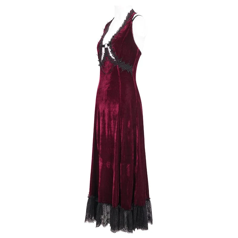 Damen-Hochzeitskleid im Gothic-Stil mit tiefem Ausschnitt und Spitzensaum in Rot