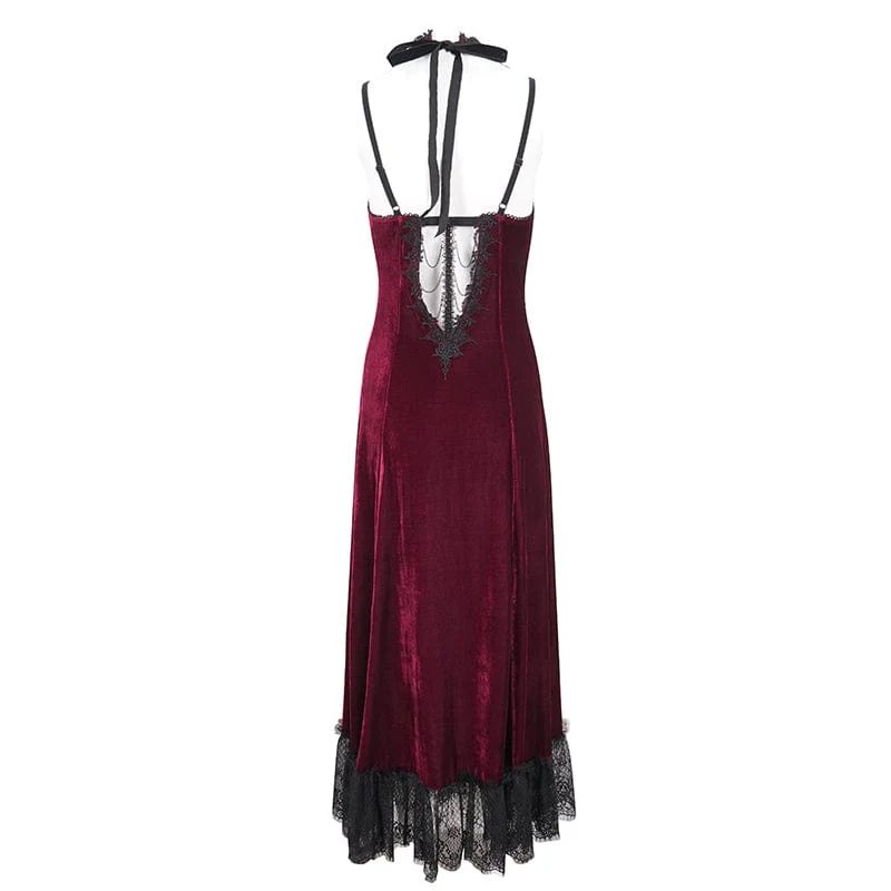 Damen-Hochzeitskleid im Gothic-Stil mit tiefem Ausschnitt und Spitzensaum in Rot
