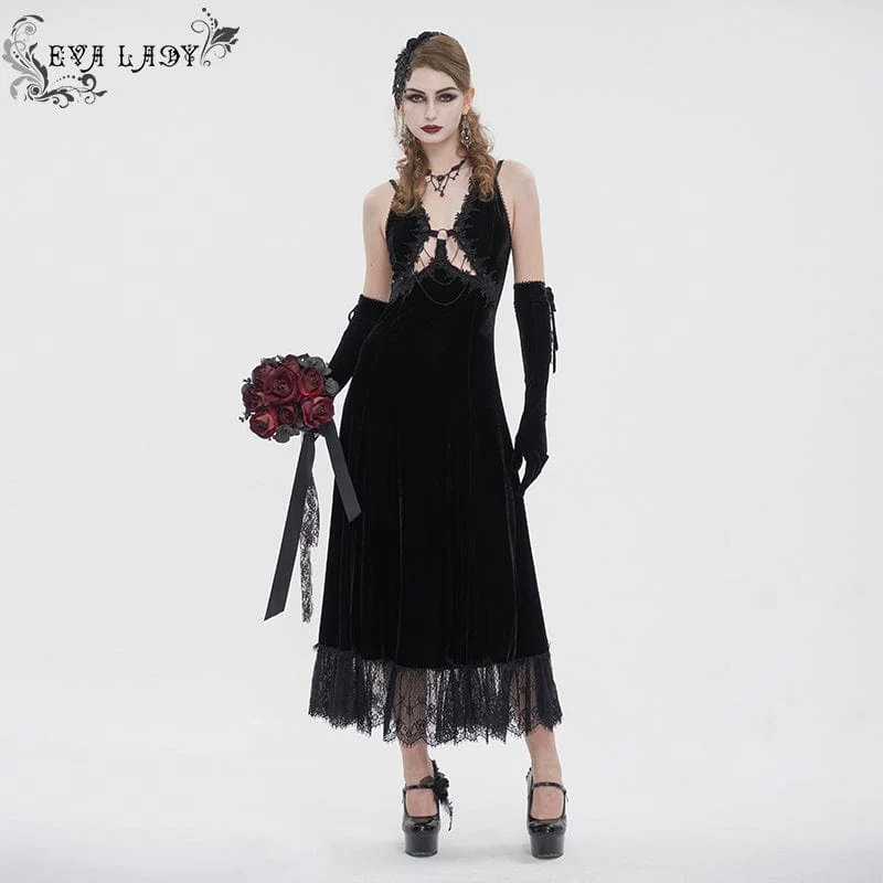 Schwarzes Gothic-Brautkleid mit tiefem Ausschnitt, Schnürung und Spitzenbesatz