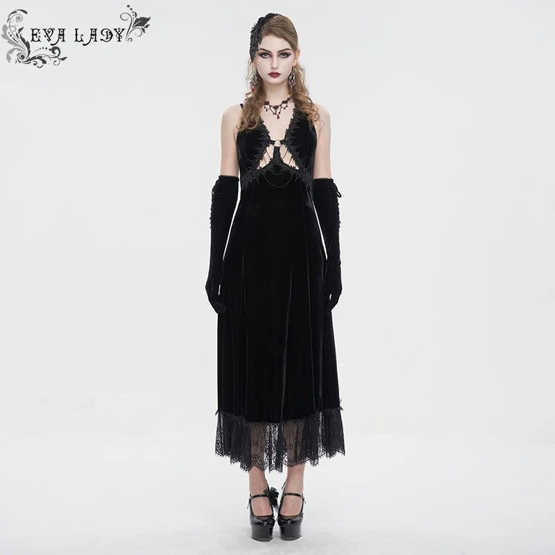 Schwarzes Gothic-Brautkleid mit tiefem Ausschnitt, Schnürung und Spitzenbesatz