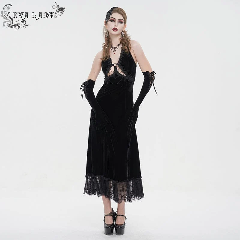 Schwarzes Gothic-Brautkleid mit tiefem Ausschnitt, Schnürung und Spitzenbesatz