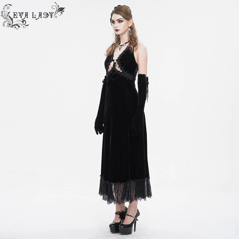 Schwarzes Gothic-Brautkleid mit tiefem Ausschnitt, Schnürung und Spitzenbesatz