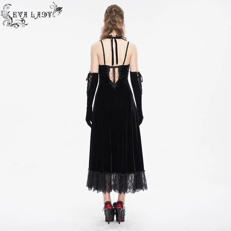 Schwarzes Gothic-Brautkleid mit tiefem Ausschnitt, Schnürung und Spitzenbesatz