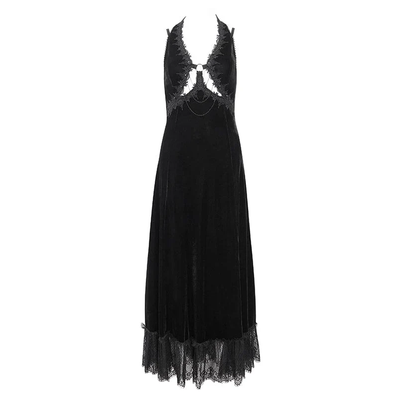 Schwarzes Gothic-Brautkleid mit tiefem Ausschnitt, Schnürung und Spitzenbesatz