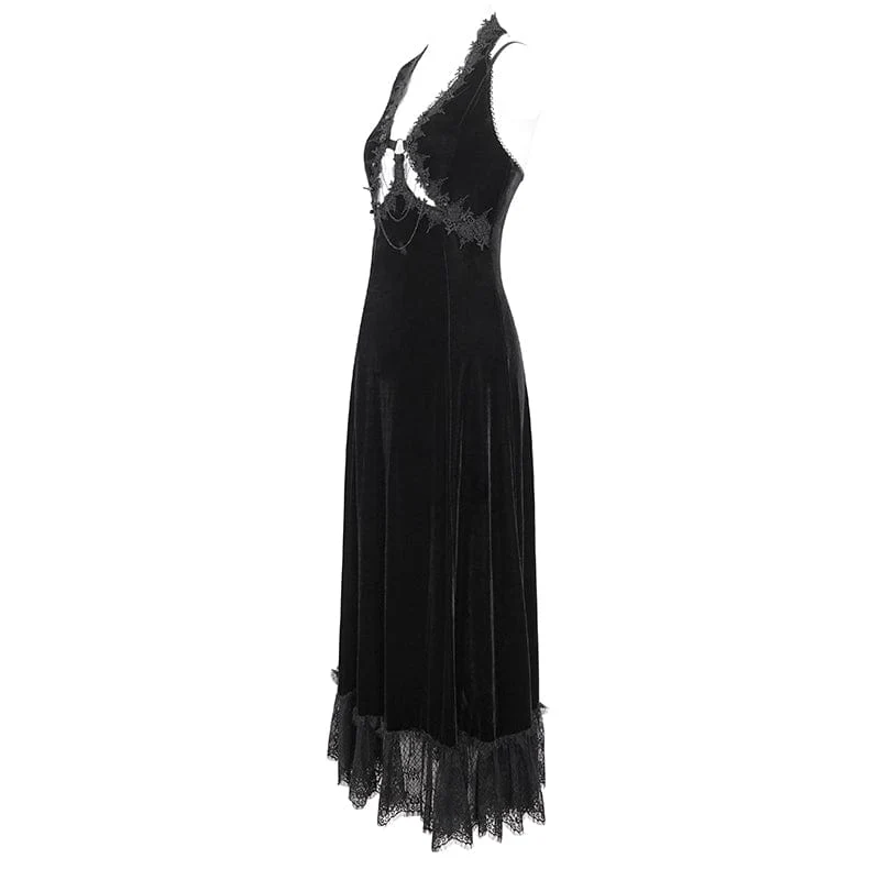 Schwarzes Gothic-Brautkleid mit tiefem Ausschnitt, Schnürung und Spitzenbesatz