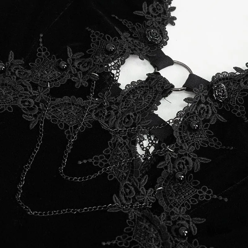 Schwarzes Gothic-Brautkleid mit tiefem Ausschnitt, Schnürung und Spitzenbesatz
