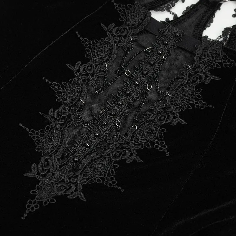 Schwarzes Gothic-Brautkleid mit tiefem Ausschnitt, Schnürung und Spitzenbesatz
