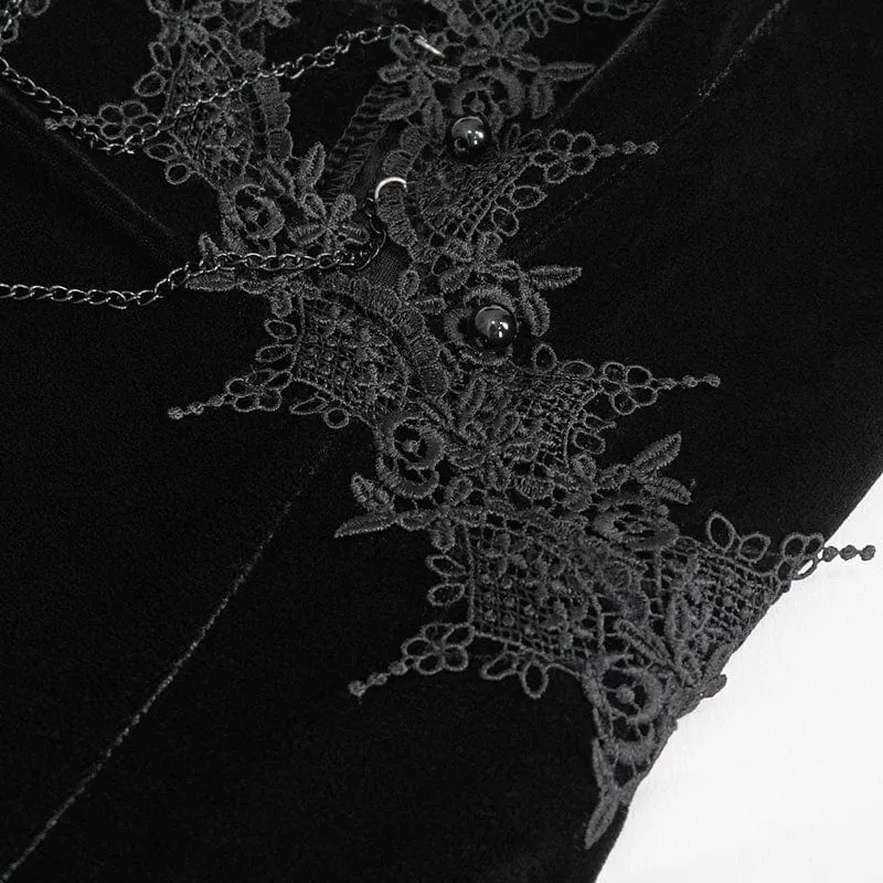 Schwarzes Gothic-Brautkleid mit tiefem Ausschnitt, Schnürung und Spitzenbesatz