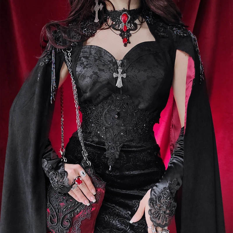 Damen-Hemd im Gothic-Stil mit Stehkragen und Blumenstickerei