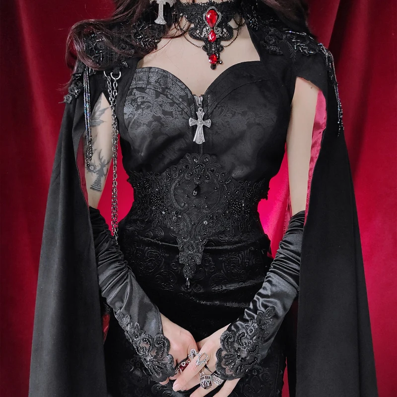 Damen-Hemd im Gothic-Stil mit Stehkragen und Blumenstickerei