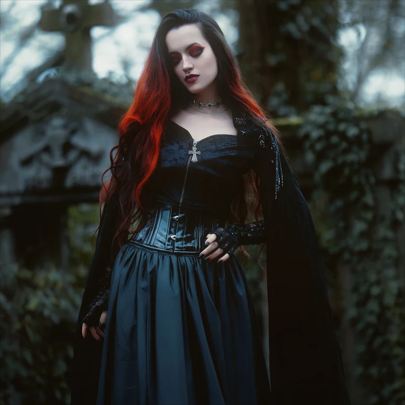 Damen-Hemd im Gothic-Stil mit Stehkragen und Blumenstickerei