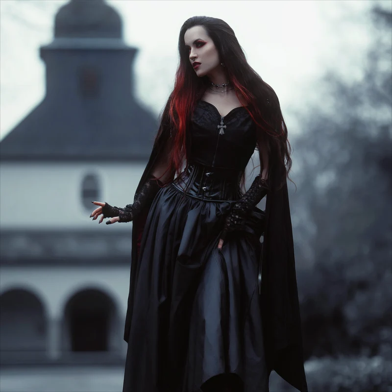 Damen-Hemd im Gothic-Stil mit Stehkragen und Blumenstickerei