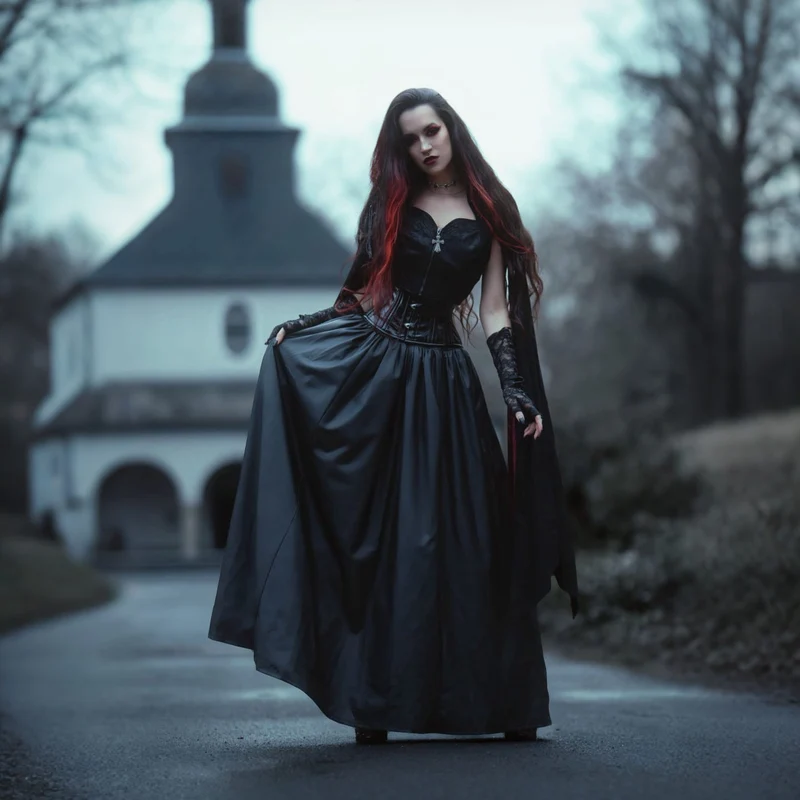 Damen-Hemd im Gothic-Stil mit Stehkragen und Blumenstickerei