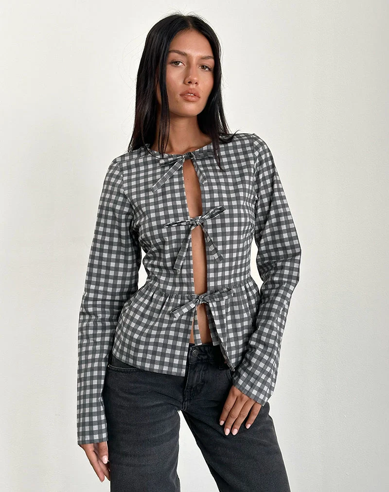 Bertaria Langarm-Top in Tonal Gingham Schwarz und Grau