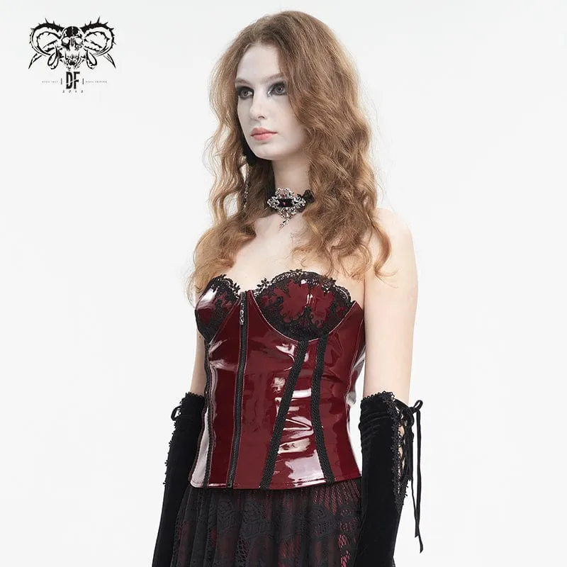Damen Punk Lace Splice Lackleder Vollbrustkorsett Rot
