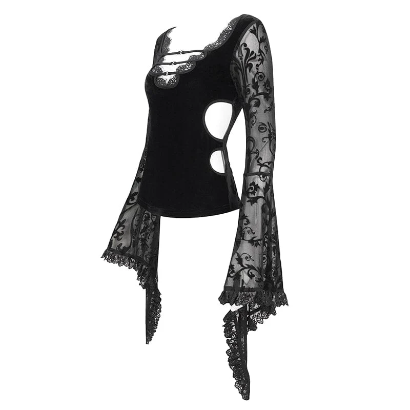Damen-Punk-Hemd mit tiefem, ausgestelltem Ärmel und Mesh-Splice-Motiv
